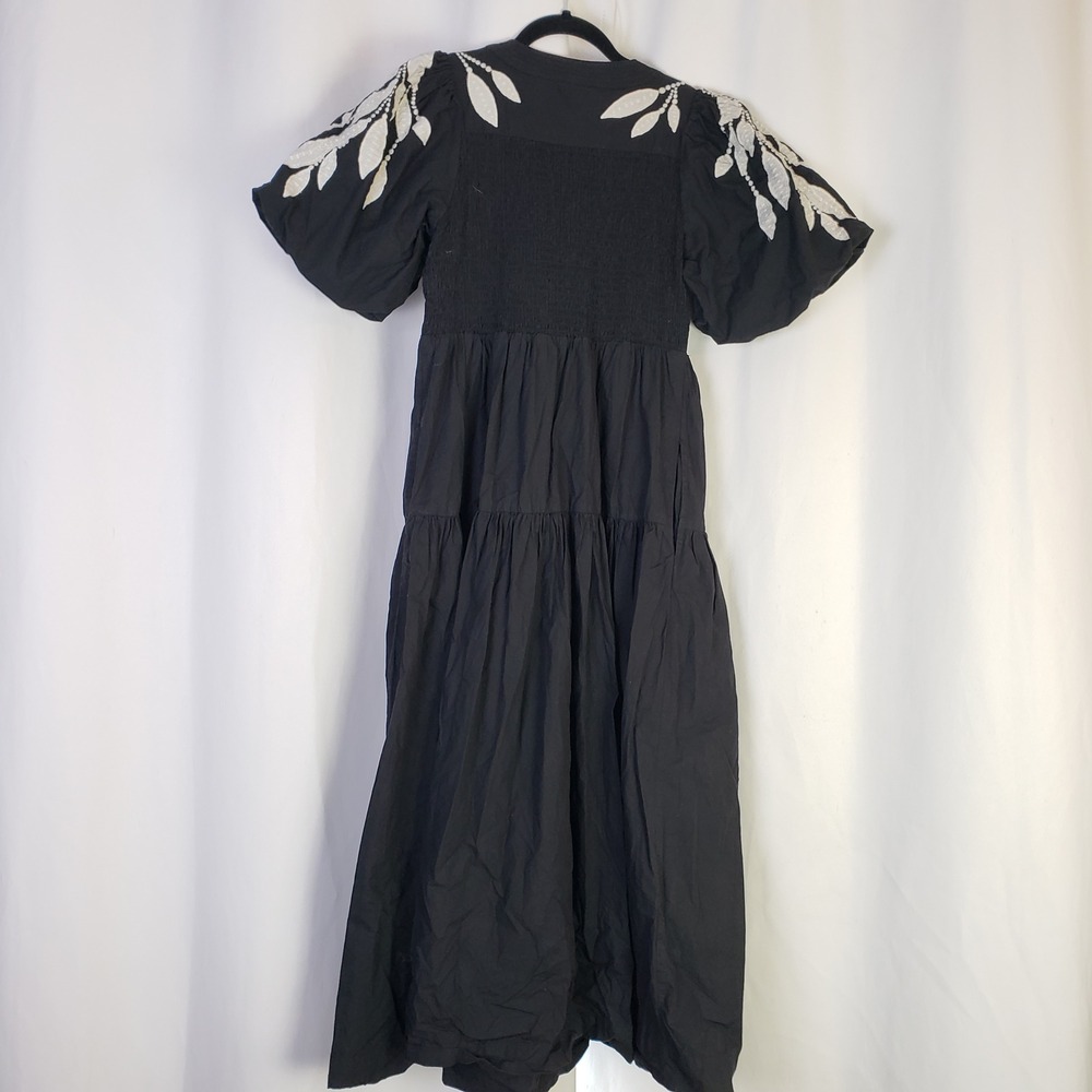 Anthropologie sz S Short Sleeve Black White Embroidered Leaf Midi Dress Smocked - Picture 4 of 8